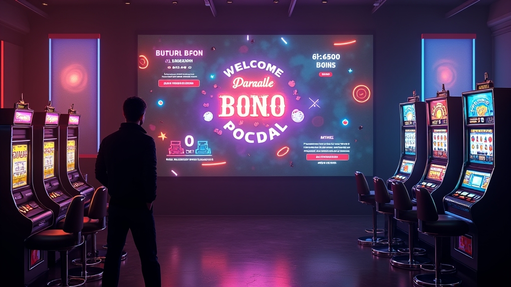 Neon casino bonus display with chips and slot machines in a dark lobby