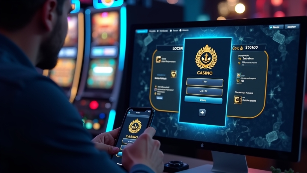 A casino login screen displayed on desktop and mobile in a dark neon setting