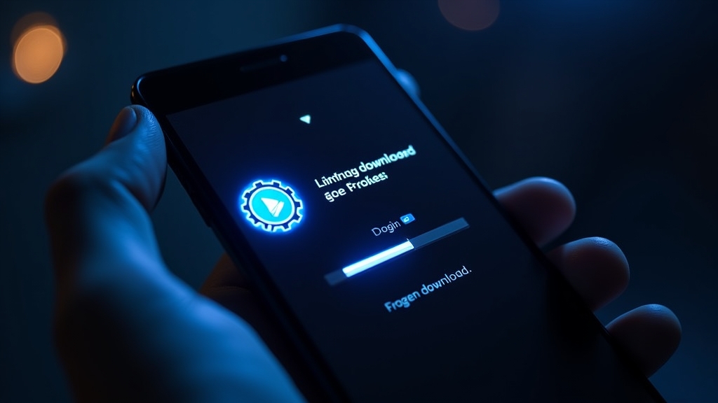 Android phone with login error, frozen download bar, and settings icon