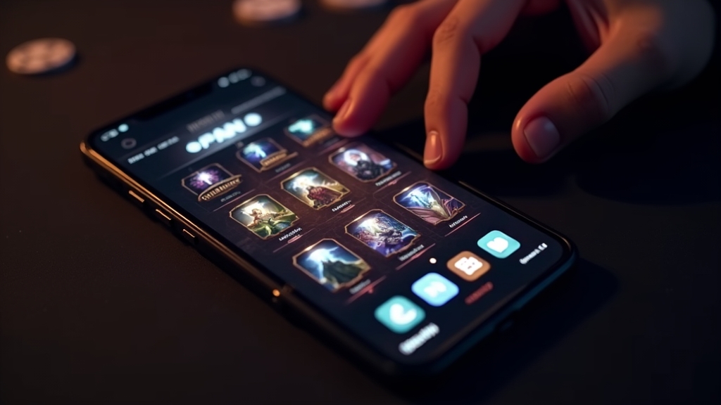 Android phone showing a sleek casino lobby with glowing game tiles