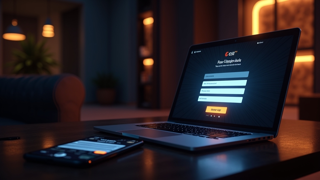 A casino sign-up form on a phone and laptop with glowing neon accents