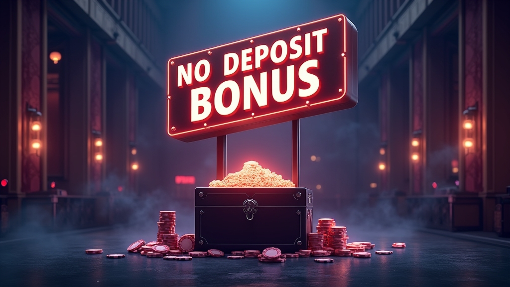No-deposit bonus banner above a dark casino registration kiosk