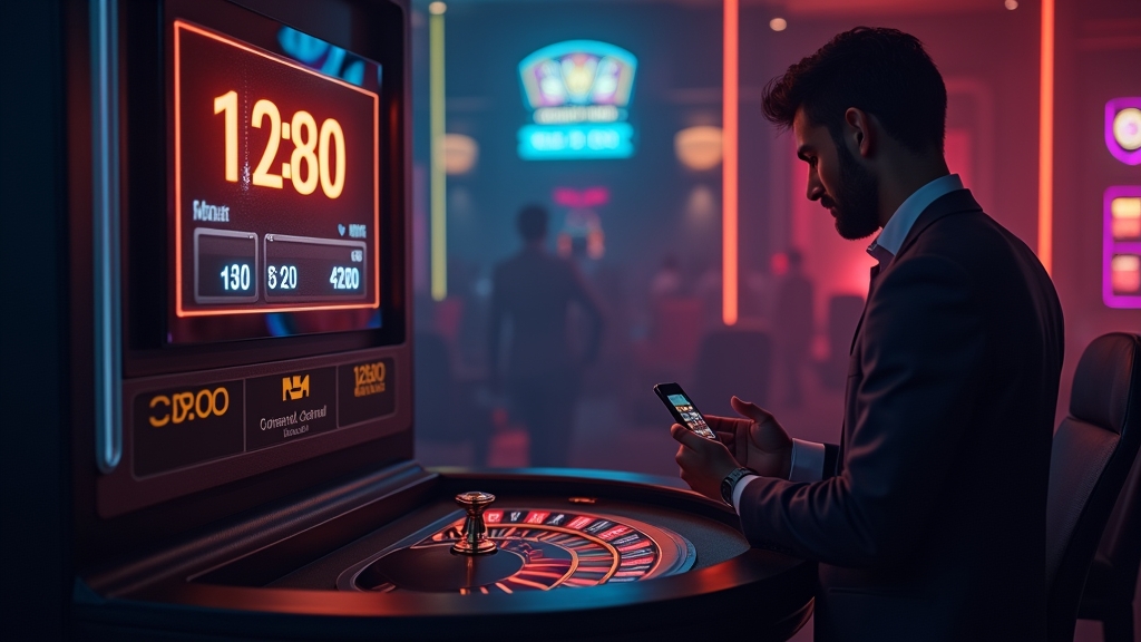 Casino withdrawal timer and transaction status screen in a dark gaming room